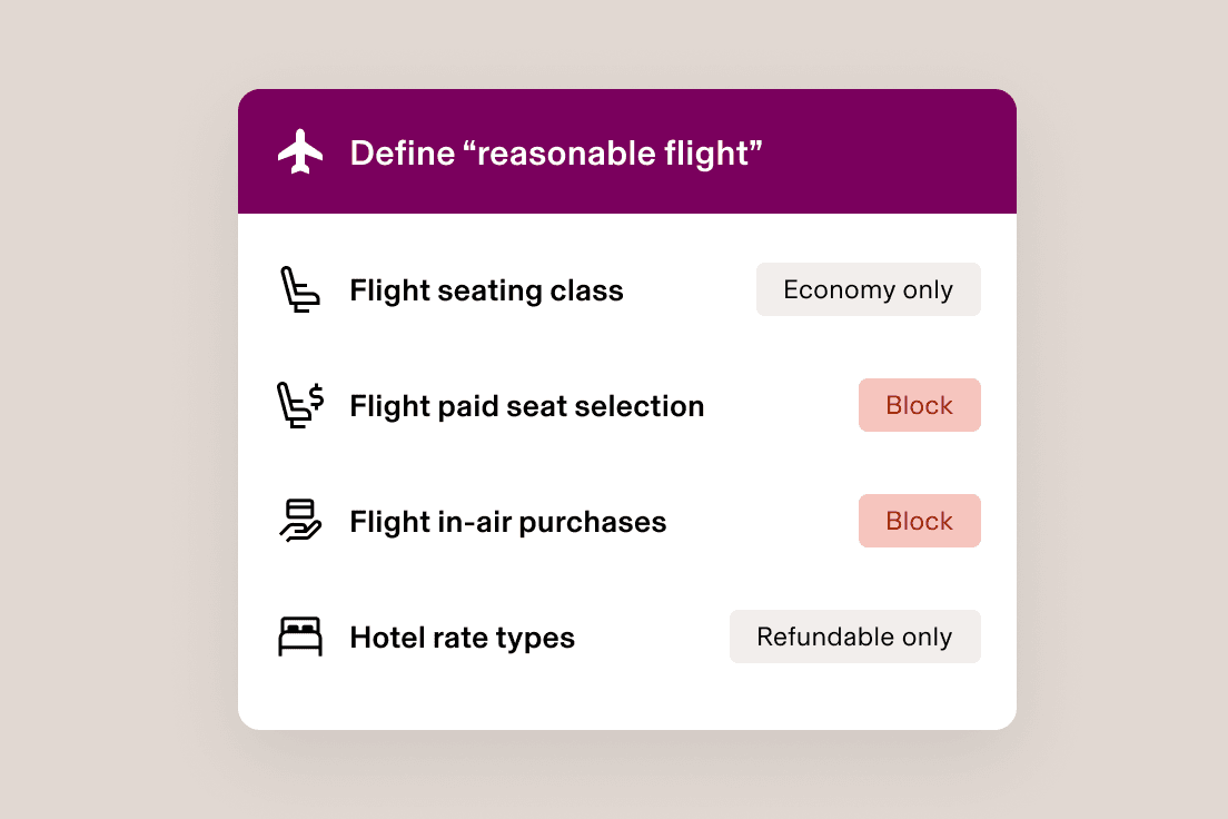 Example screen in Rippling Travel titled define reasonable flight with settings including flight seating class, flight paid seat selection, flight in-air purchases and hotel rate types