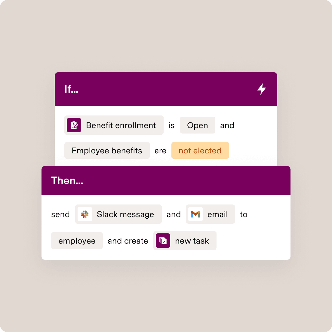 Workflow automation interface showing benefits enrolment condition and actions to send messages and create tasks in Rippling.