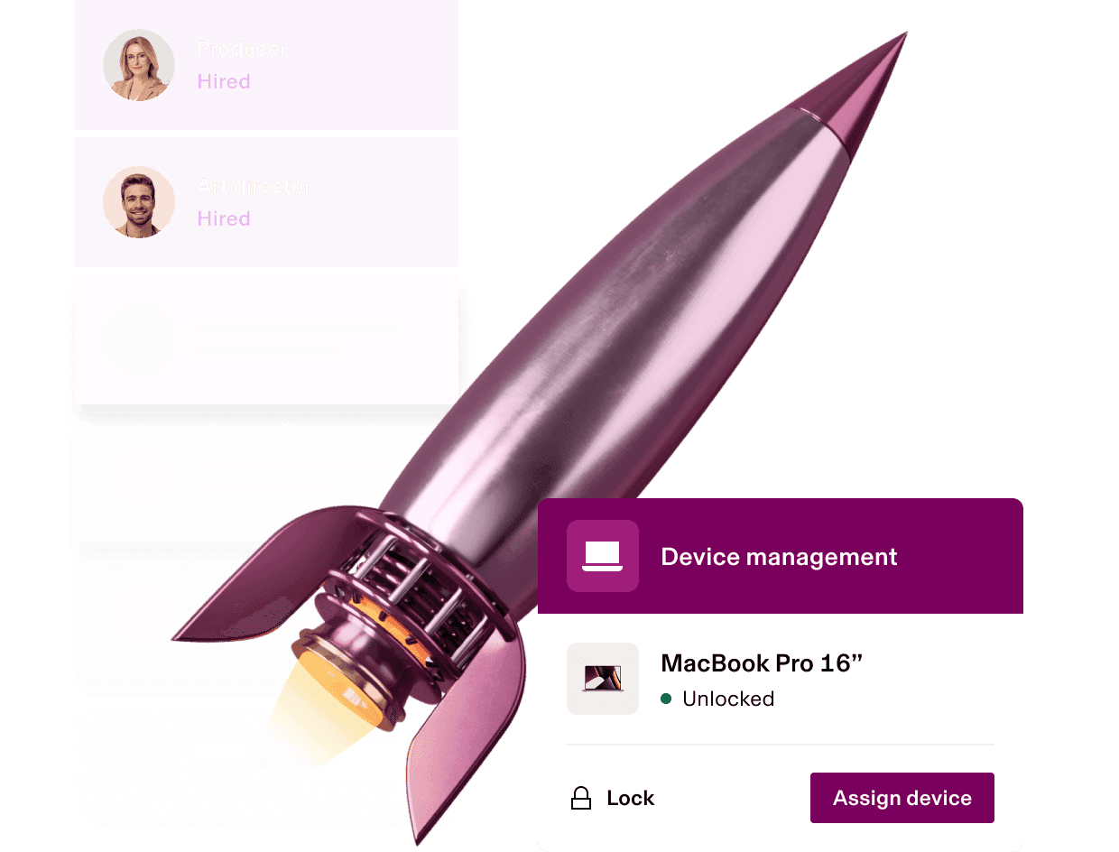 Purple rocket illustration next to device management interface showing an unlocked MacBook Pro 16" with hiring status indicators.