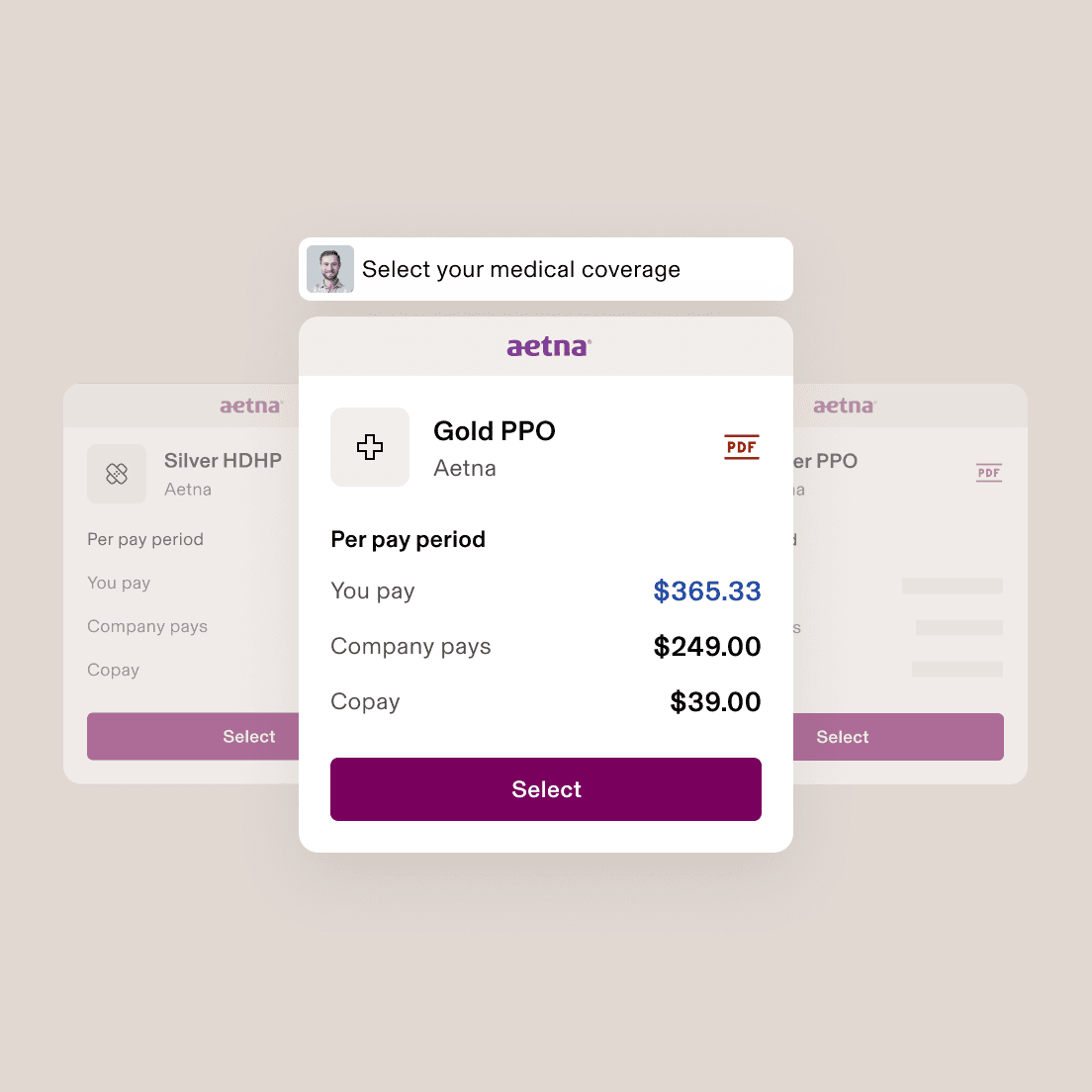 Health insurance selection interface showing Anthem options with Gold PPO plan details and monthly payment breakdown.