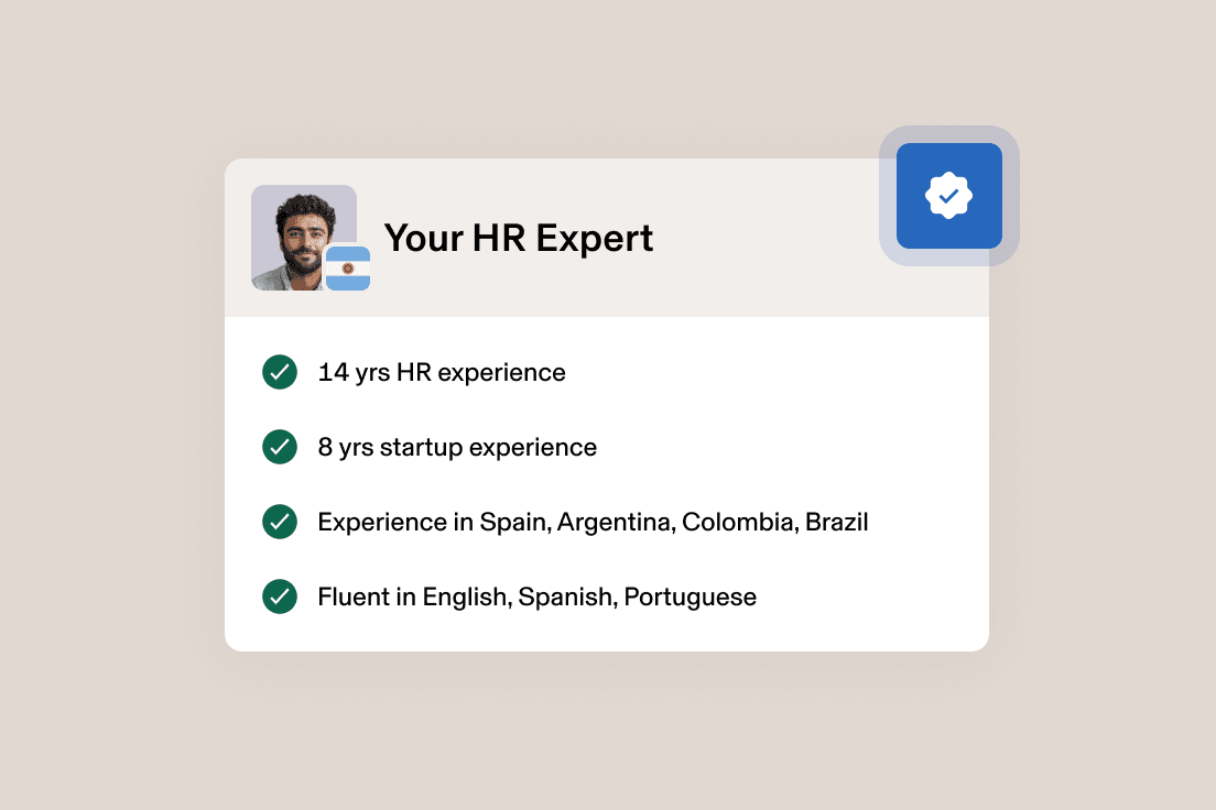 HR Expert profile card showing 14 years HR experience, 8 years startup experience, international expertise and trilingual skills.