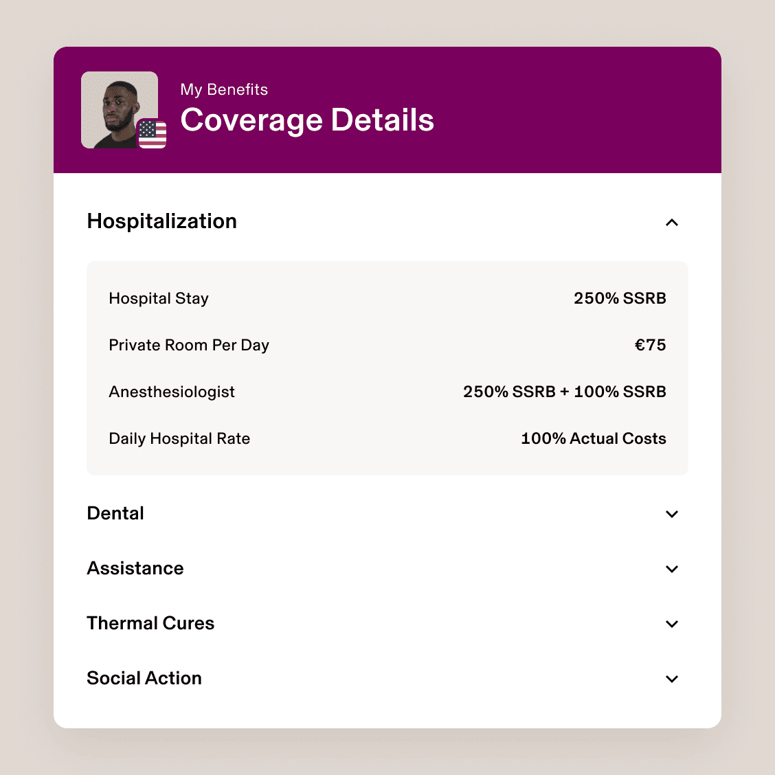 Screen in Rippling titled My Benefits: Coverage Details listing an employee’s rates for hospitalisation, dental, assistance, thermal cures and social action