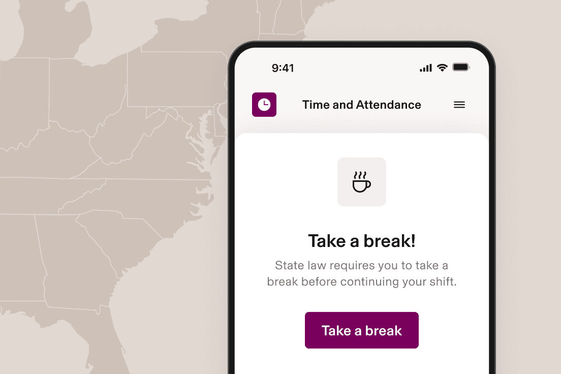 Mobile app screen showing "Take a break!" notification with coffee cup icon and purple button on light background.