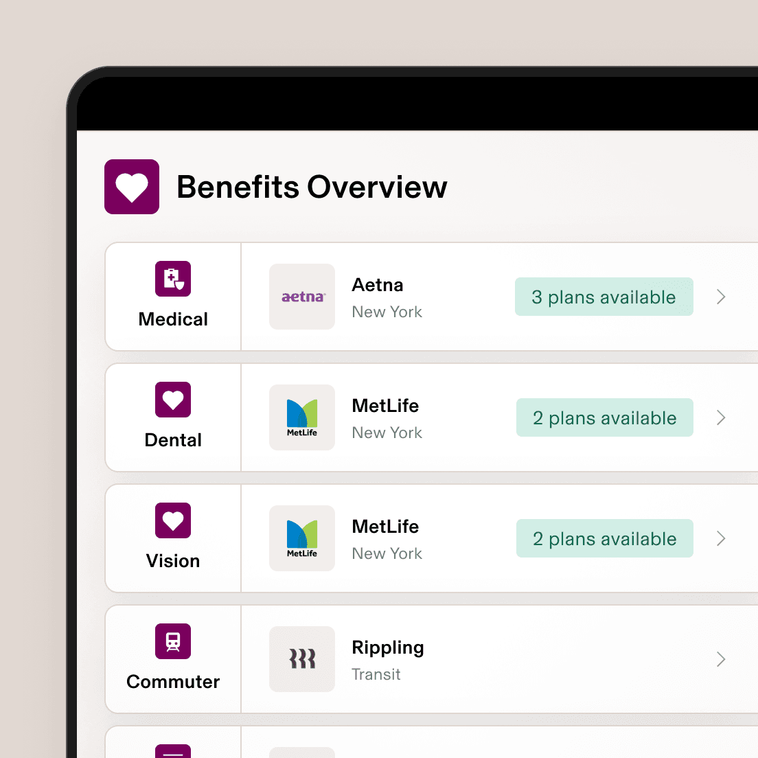 Benefits overview screen showing medical, dental, vision and commuter options with Aetna and MetLife providers in New York.
