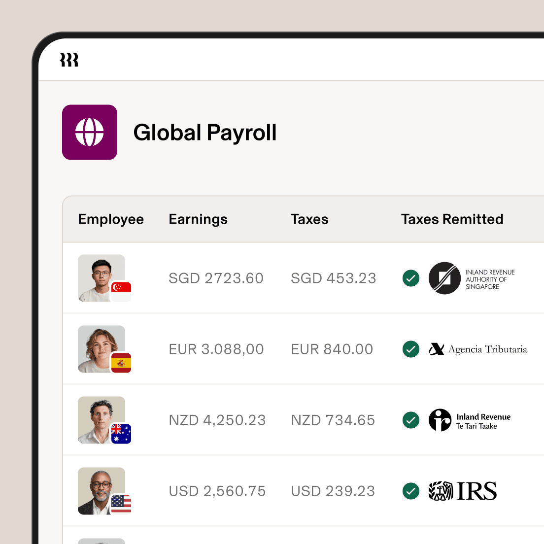 Global Payroll dashboard showing employee earnings and taxes from different countries with confirmation ticks for tax remittance.