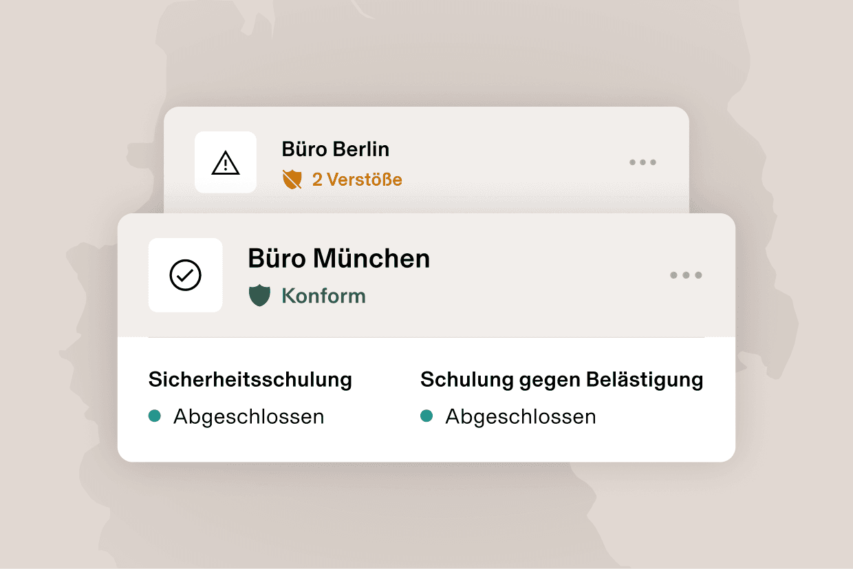 Grafische Darstellung einer Karte für Orlando, Florida, die „2 Verstöße“ anzeigt, sowie eine Karte für Los Angeles, Kalifornien, die „Konform“ anzeigt, weil alle Schulungen absolviert wurden – Overlay über einer Karte der USA