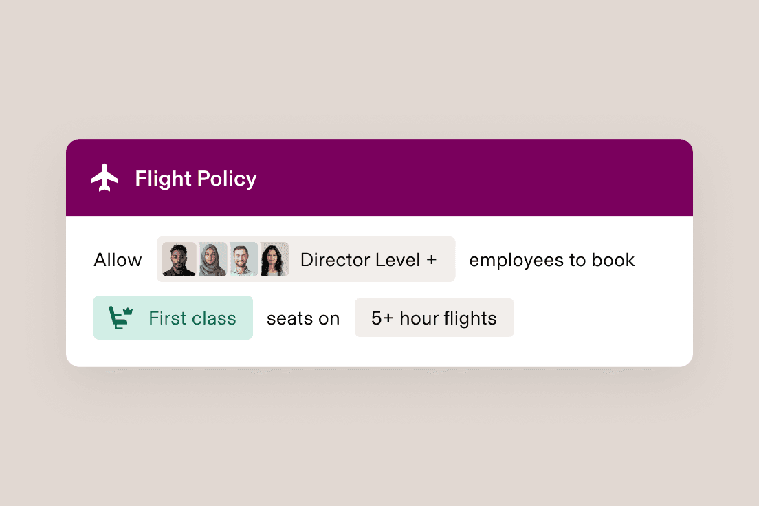 Screen in Rippling titled Flight Policy with text that says allow director-level and above employees to book first-class seats on 5-hour flights and longer