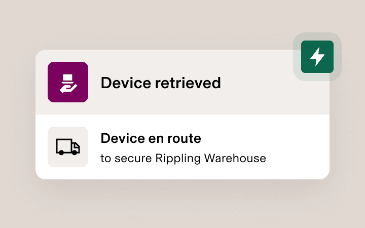 Mobile app notification showing “Device retrieved” and “Device en route to secure Rippling Warehouse” with delivery icon.