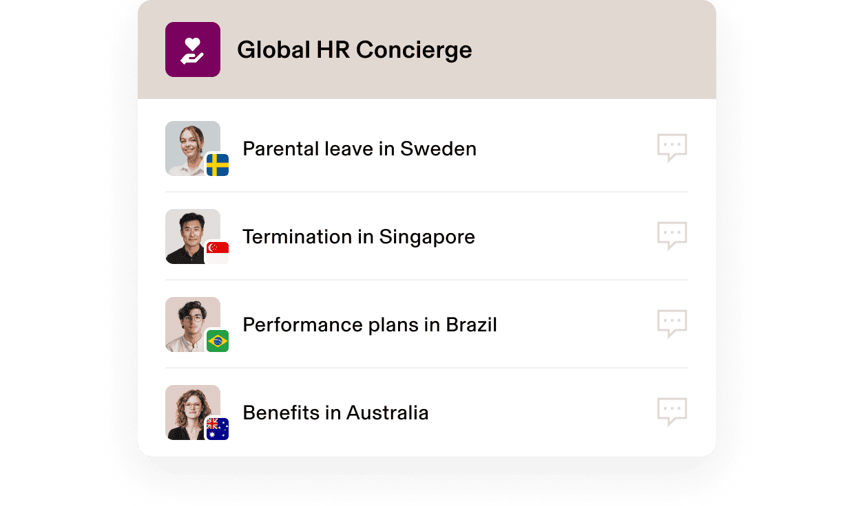 Global HR Concierge interface showing country-specific HR topics with flags for Sweden, Singapore, Brazil and Australia.