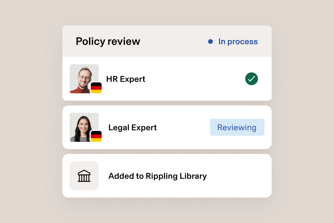 Policy review interface showing HR Expert approved, Legal Expert in review and document added to Rippling Library.