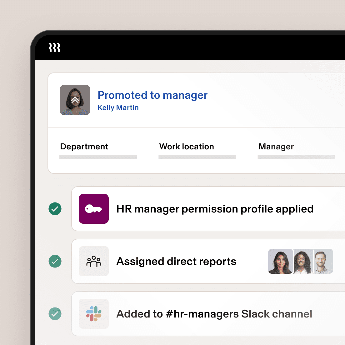 Employee promotion interface showing Kelly Martin promoted to manager with HR permissions, assigned reports and Slack access.