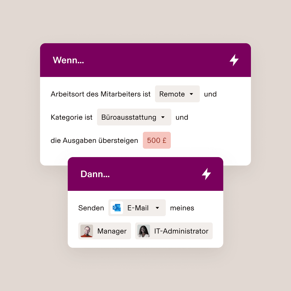 Ansicht der Workflow-Automatisierung mit der Wenn-dann-Regel: Wenn ein mobiler Mitarbeiter Büroausstattung im Wert von über 500 USD kauft, dann werden der Manager und der IT-Admin per E-Mail benachrichtigt.