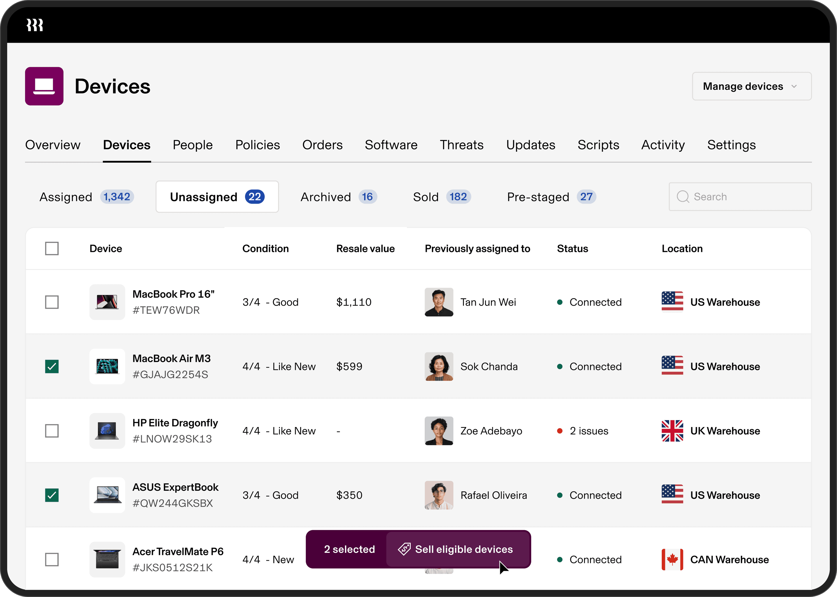 Preview of the Devices overview in the Rippling platform.