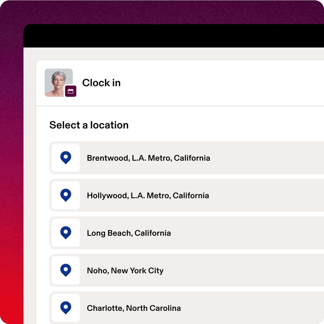 Screen in Rippling titled "Clock in" with text that says "Select a location" and a list of store locations