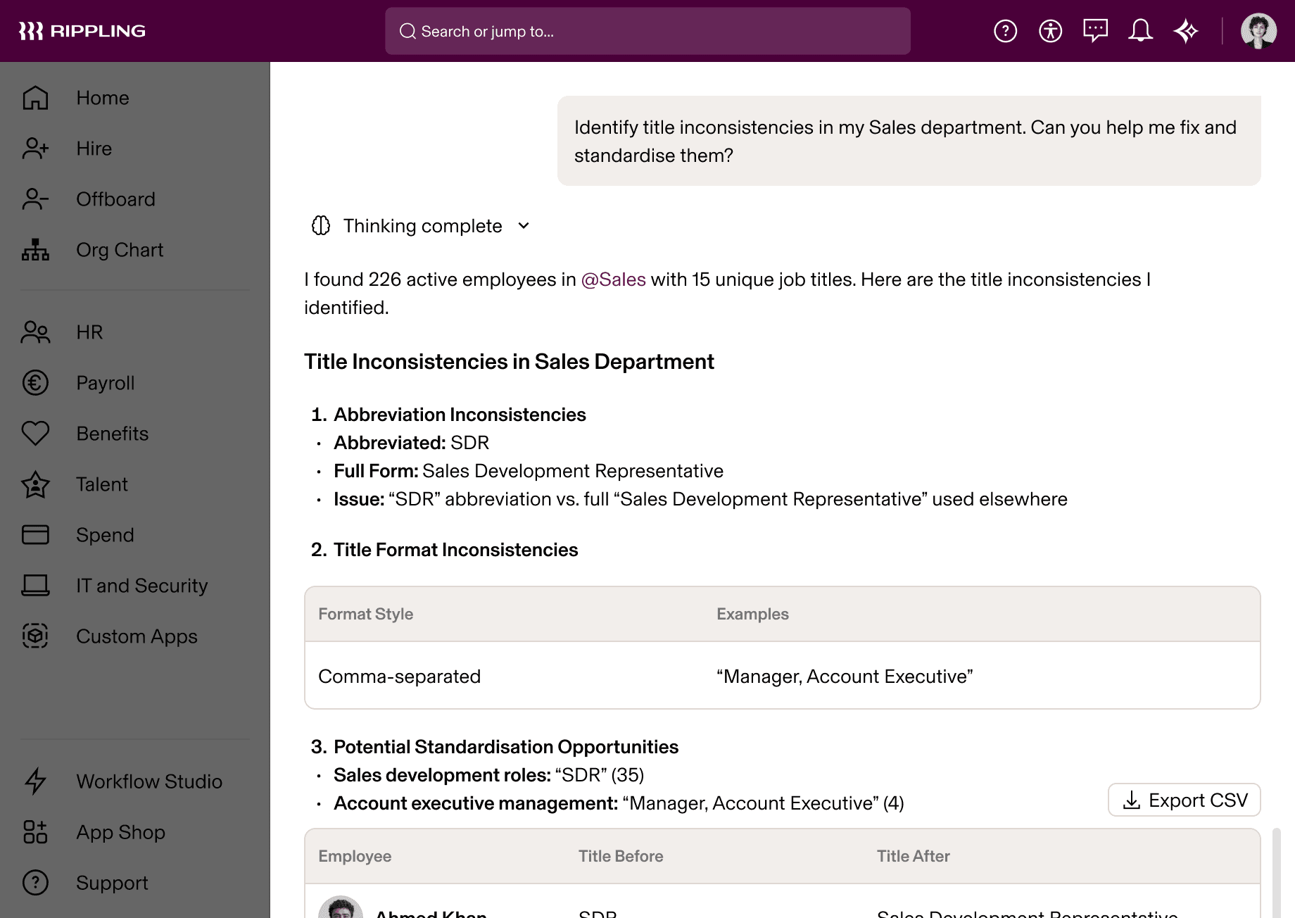 Rippling AI showing analysis of job title inconsistencies in Sales department with standardisation recommendations