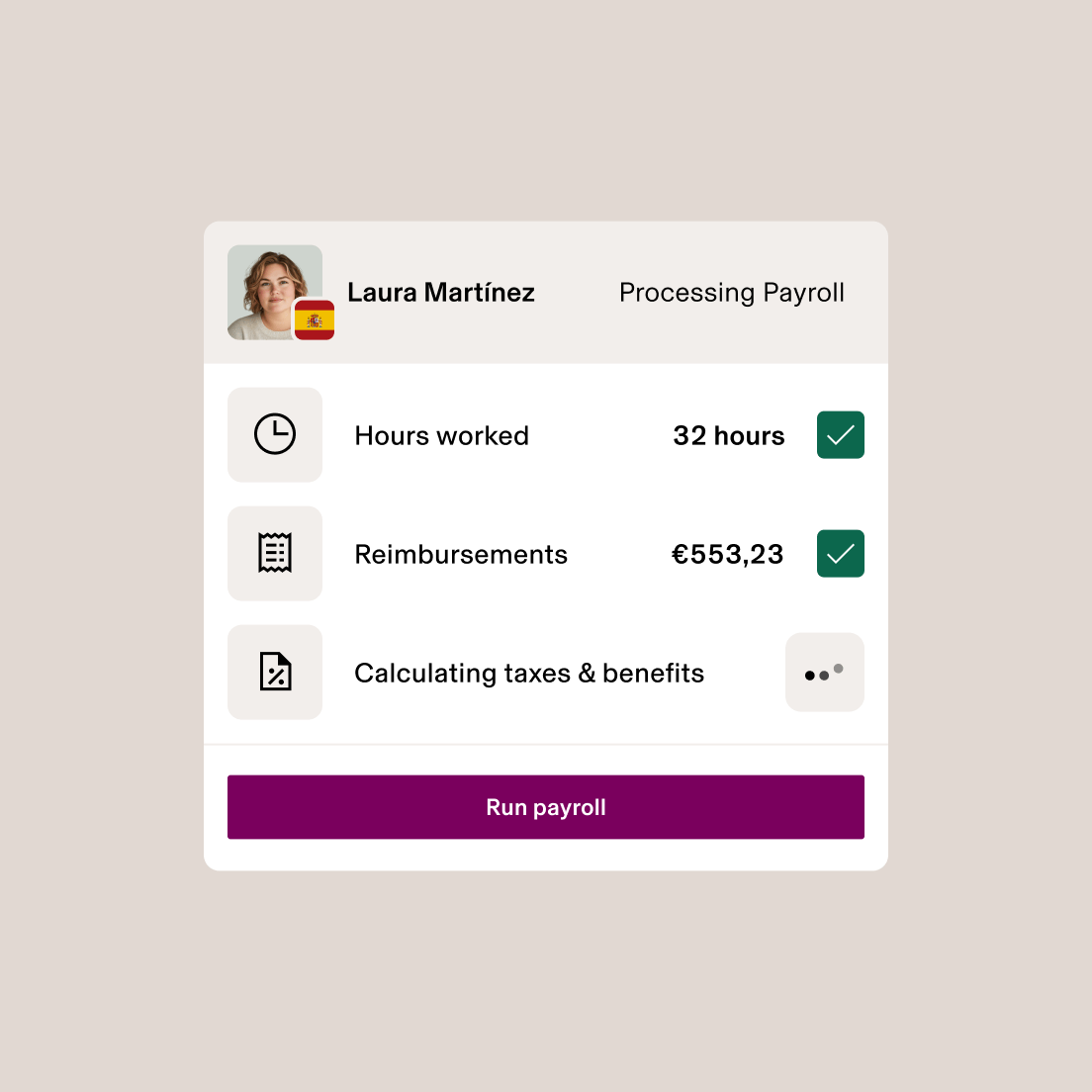Salarisverwerkingsinterface met medewerkersgegevens, 32 gewerkte uren, € 553,23 aan terugbetalingen en belastingberekening in uitvoering.