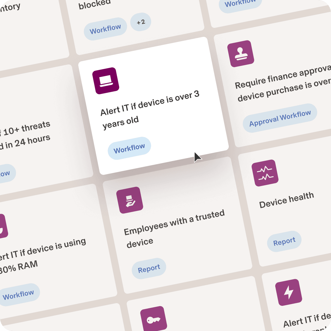 Grid interface showing IT management tiles with purple icons, including “Alert IT if device is over 3 years old” and workflow options.