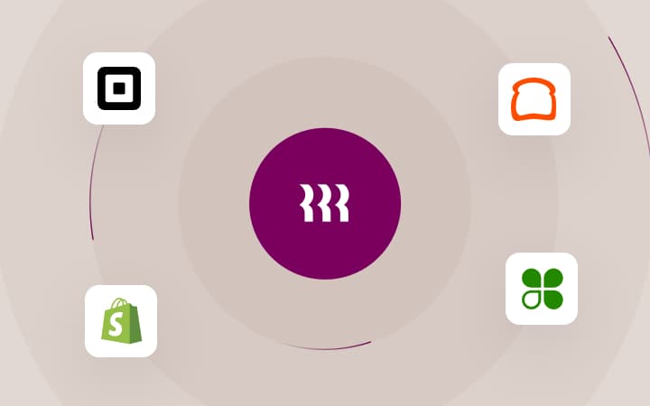 Purple circle with wavy lines surrounded by app icons including Square, Shopify, Toast, and Clover on a beige background.