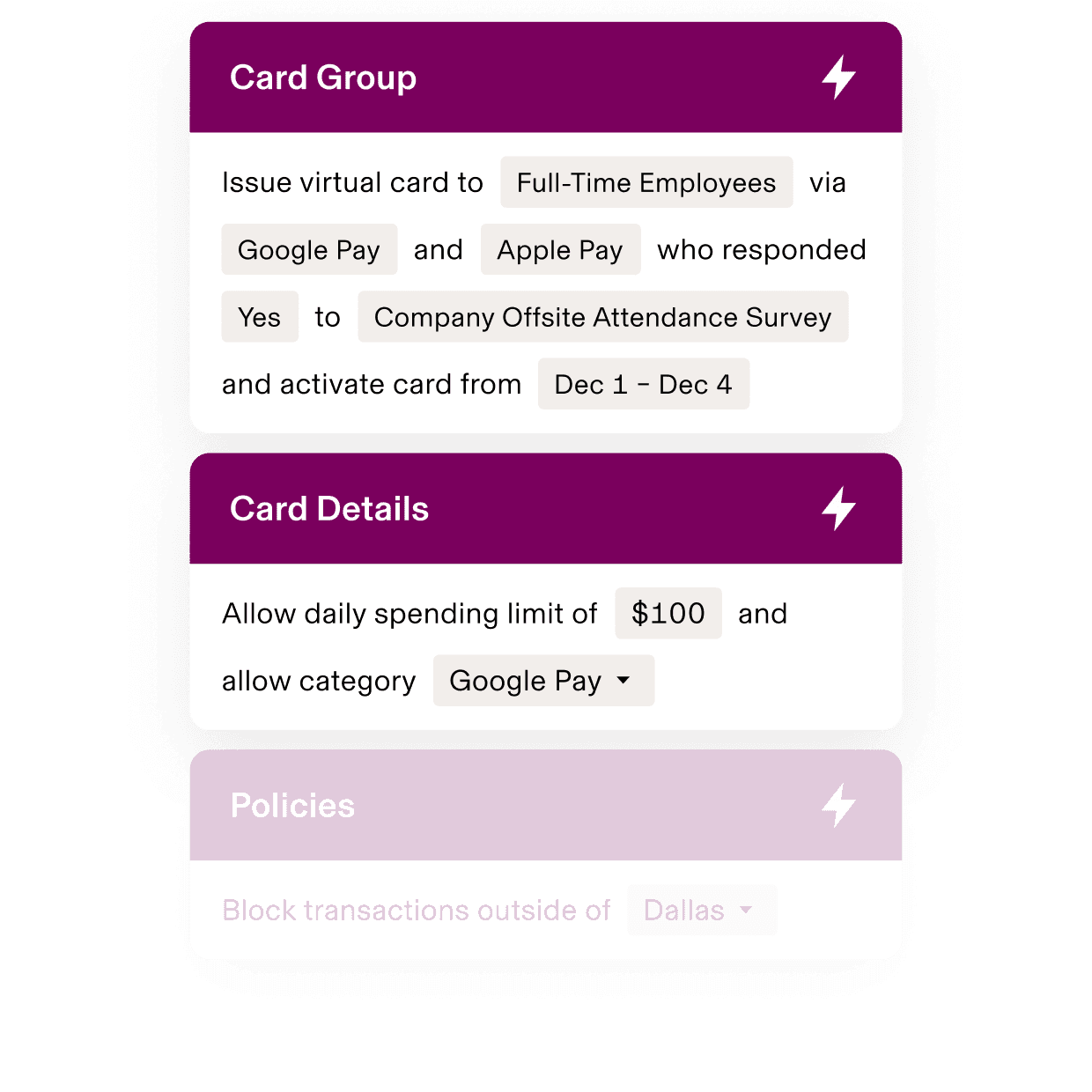 Mobile interface showing virtual card setup with $100 daily limit for employees who responded to company survey, valid Dec 1-4.