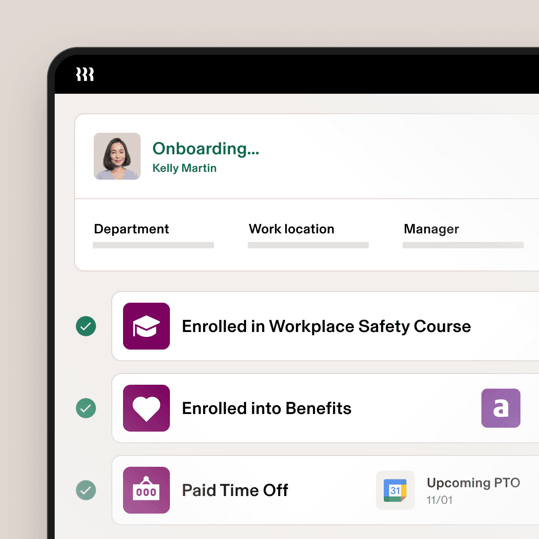 Employee onboarding screen showing completed workplace safety and benefits enrollment with upcoming PTO scheduled for 11/01.