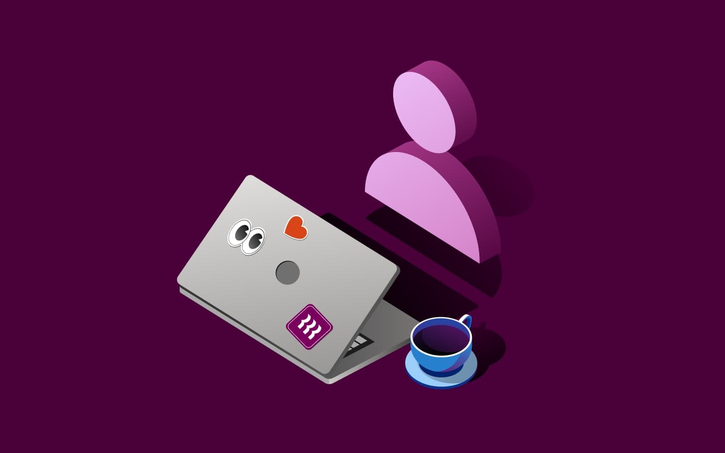 Abstract illustration of a person in front of a laptop with a mug
