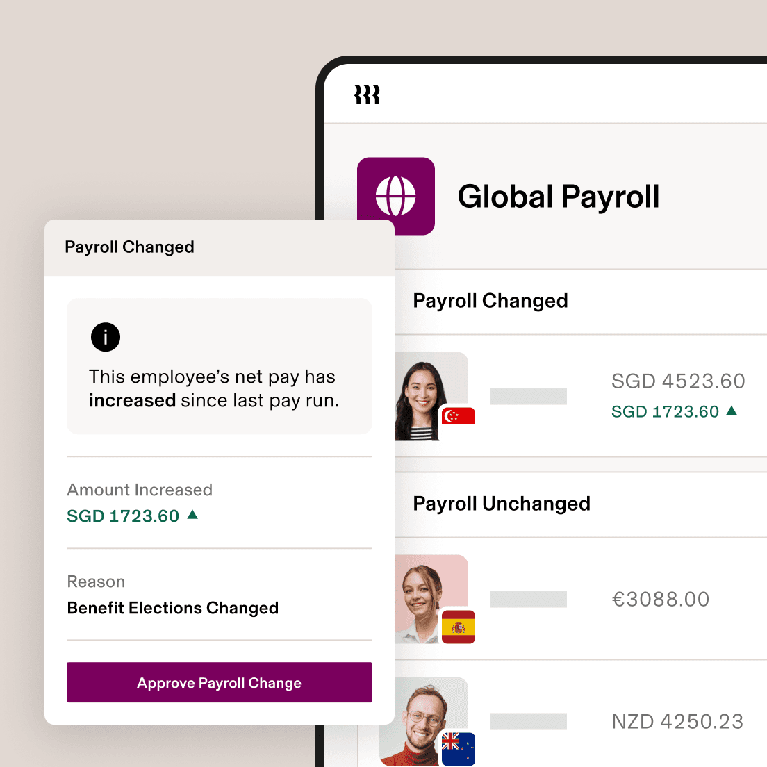 Dashboard van internationale salarisadministratie met een melding van loonsverhoging voor een medewerker in Singapore vanwege wijzigingen in de secundaire arbeidsvoorwaarden.