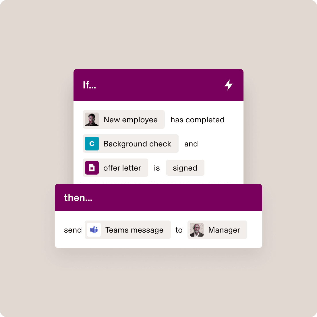 Workflow interface showing new employee onboarding automation with completed background check and signed offer letter.