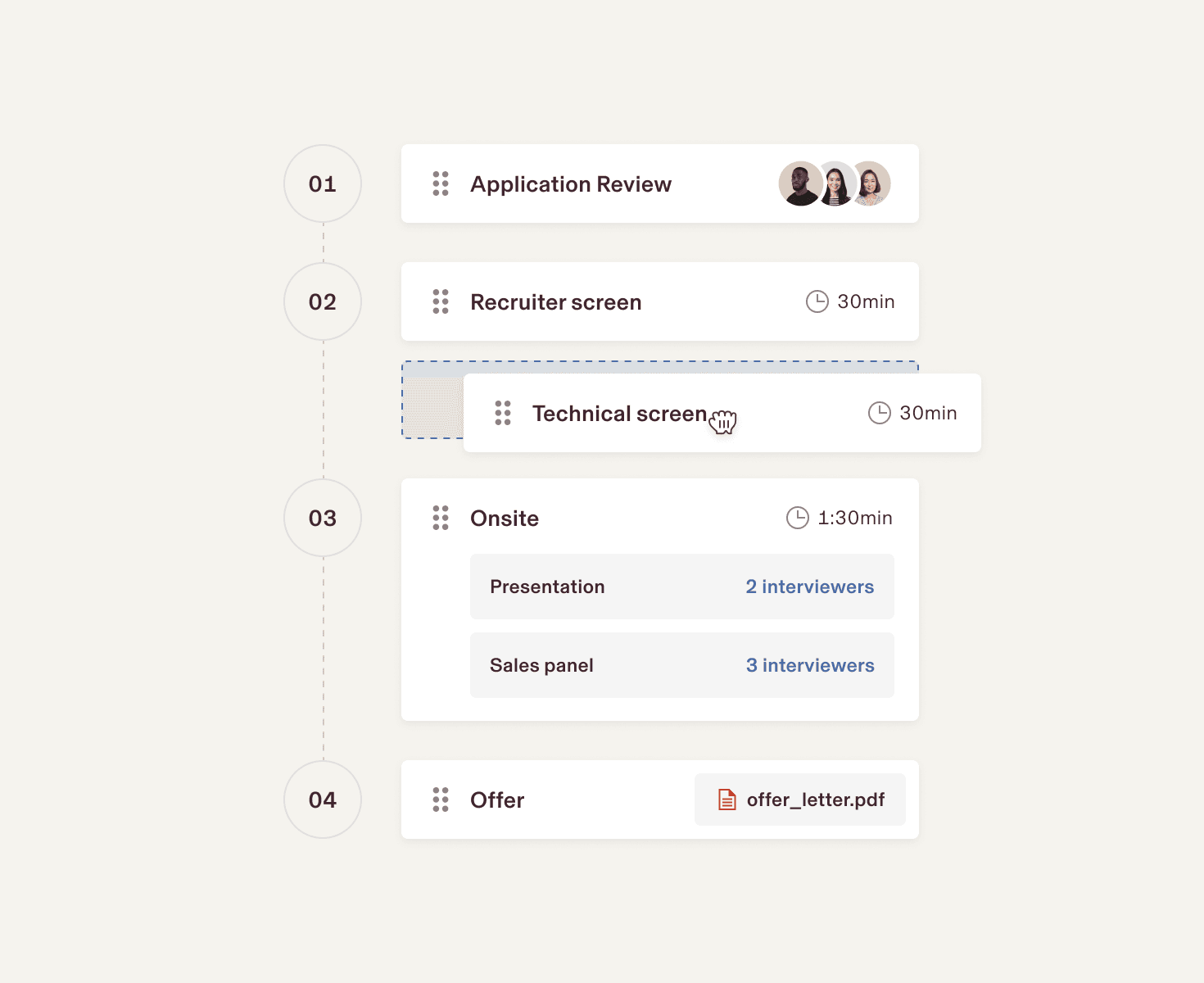 Illustration of a drag-and-drop interface in Rippling showing a cursor adding a new step to a recruiting workflow with stages like "Application review," "Recruiter screen," and "Technical screen"