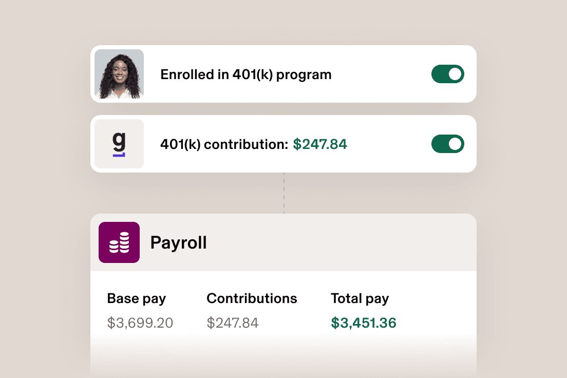 Employee payroll interface showing pension fund enrolment status, contribution of $247.84, and salary breakdown for Product Marketing.