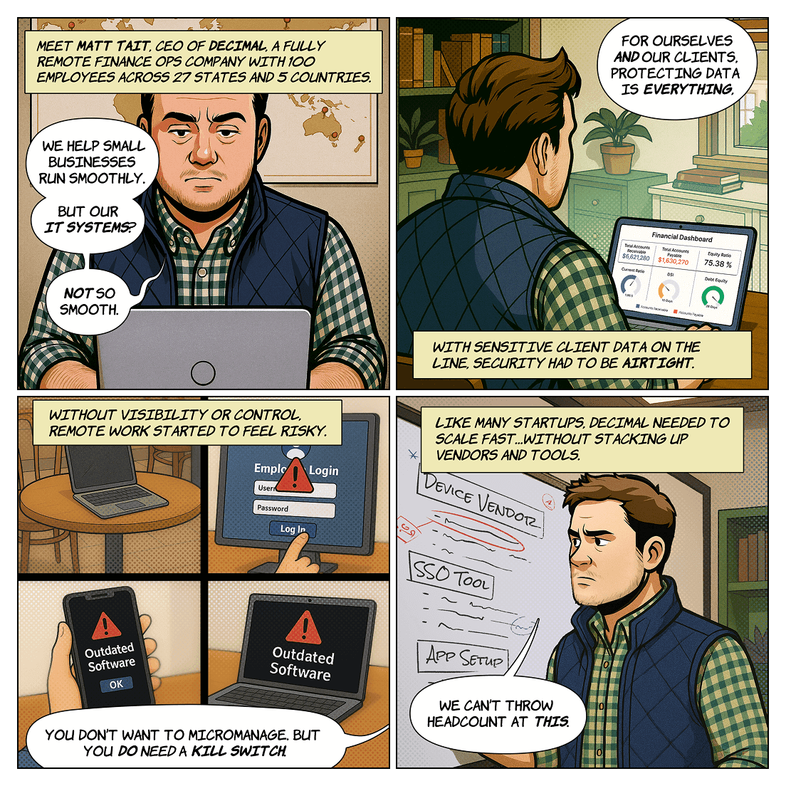 Seven-panel comic featuring Matt Tait, CEO of Decimal, illustrating his struggles with maintaining security with a large remote workforce before implementing Rippling