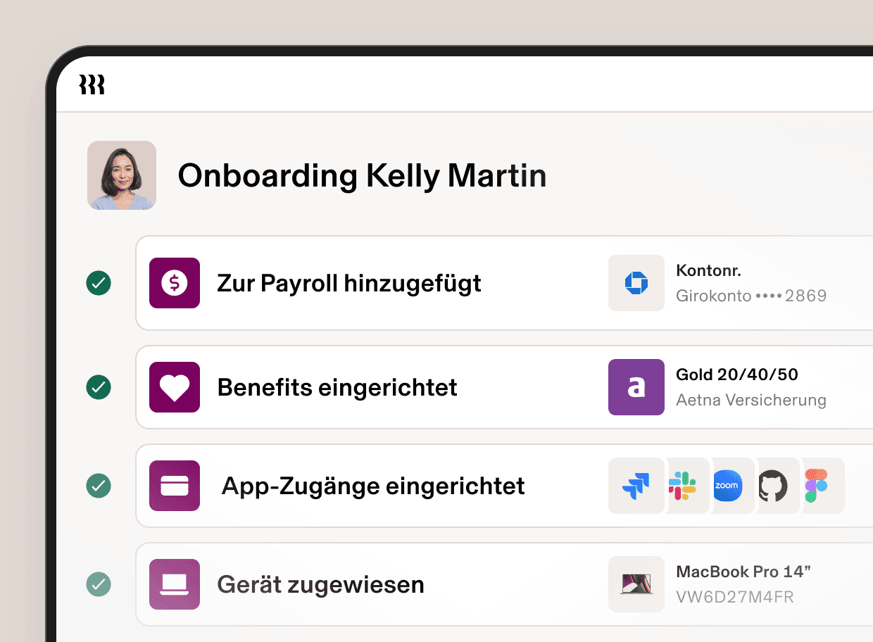Dashboard mit dem Onboarding-Prozess für eine Mitarbeiterin, darunter die Schritte „Zur Payroll hinzugefügt“, „Schulung zugewiesen“, „Für Benefits angemeldet“ und „Gerät zugewiesen“