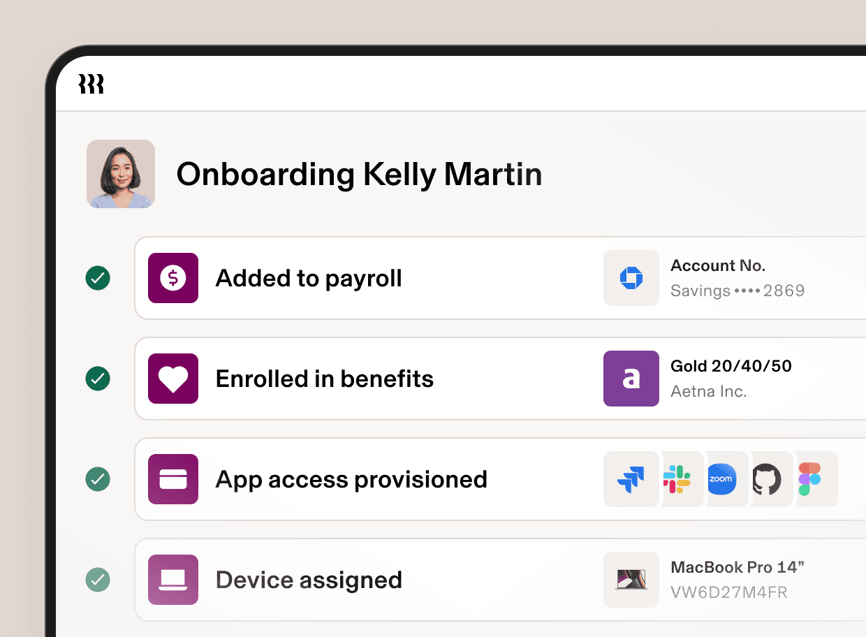 Illustration of the employee onboarding process with steps such as “Added to payroll”, “Training assigned”, “Enrolled in benefits” and “Device assigned”