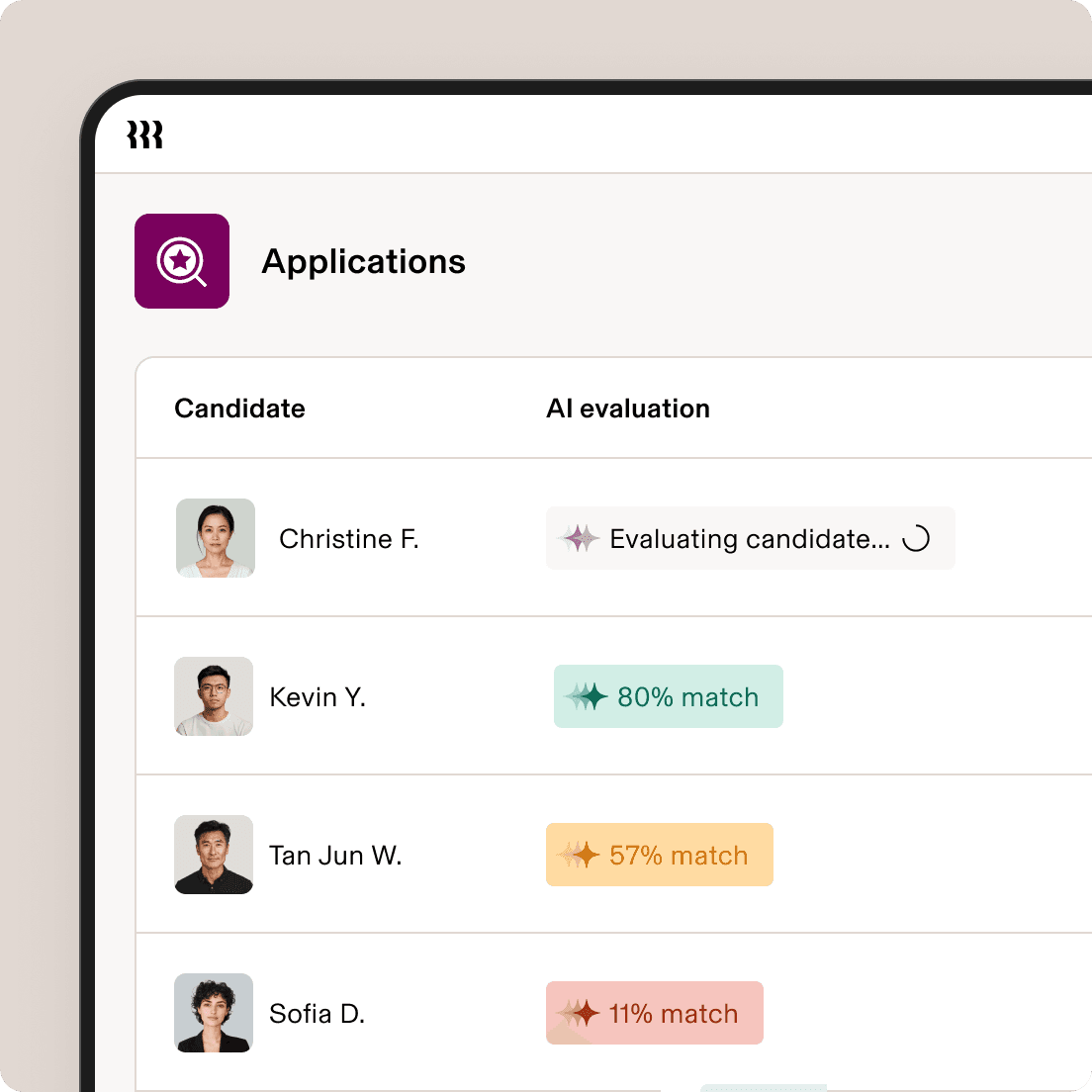 Job application interface showing candidate profiles with AI evaluation scores: one processing, others at 80%, 57% and 11% match rates.