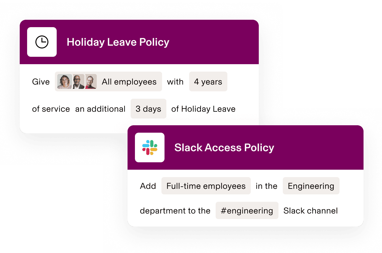 HR policy interface showing Paid Time Off policy for employees with 4 years’ length of service and Slack access policy for Engineering department.