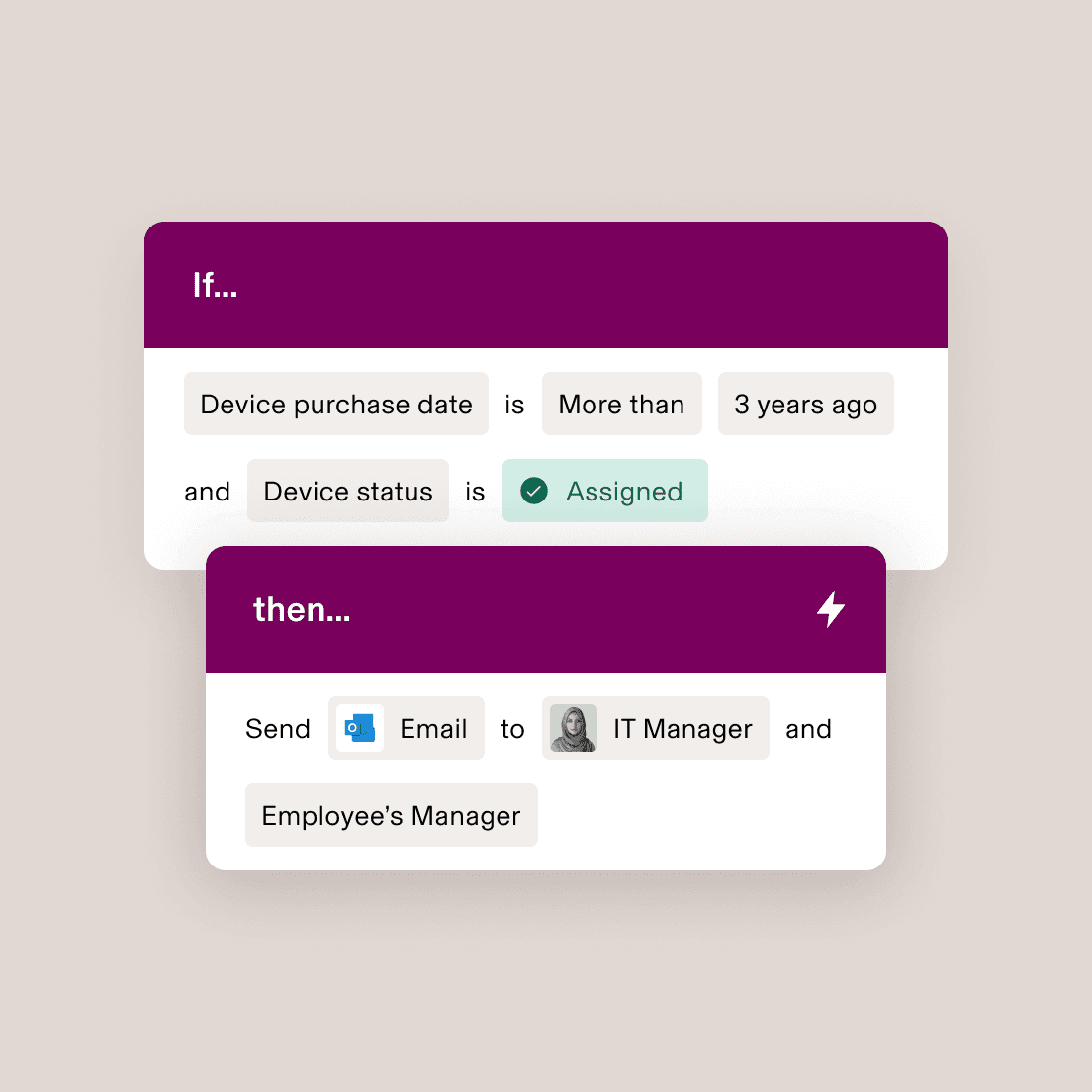 Automation workflow showing if device is over 3 years old and assigned, then send email to IT Manager and Employee’s Manager.
