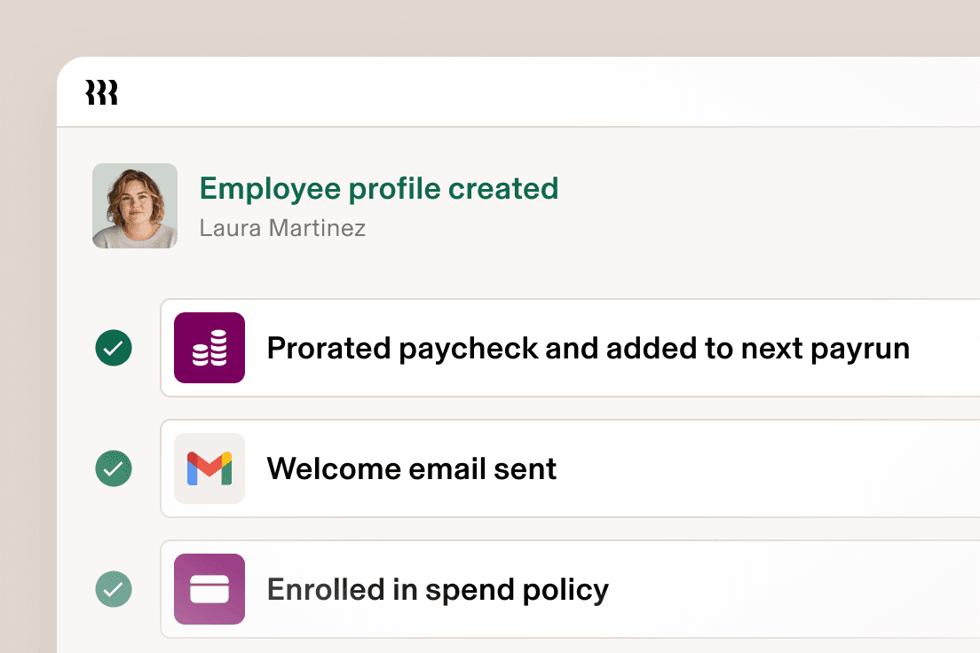 Employee onboarding interface showing completed profile creation, pay cheque setup, welcome email and spend policy enrolment.
