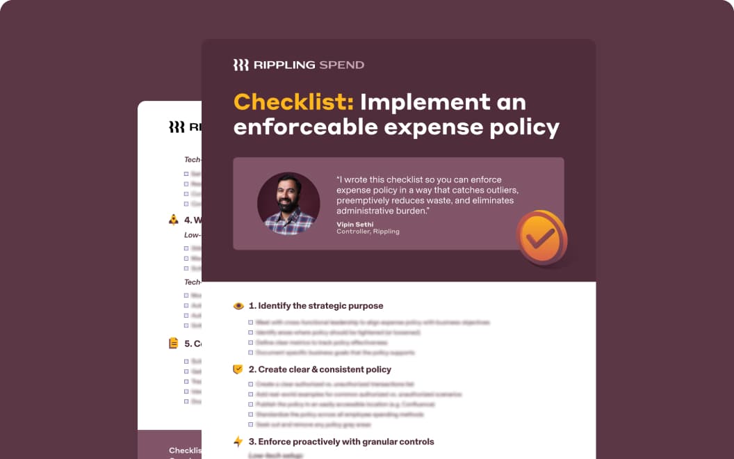 A screenshot of a document titled Checklist: Implement an enforceable expense policy with a photograph of Vipin Sethi, Controller at Rippling