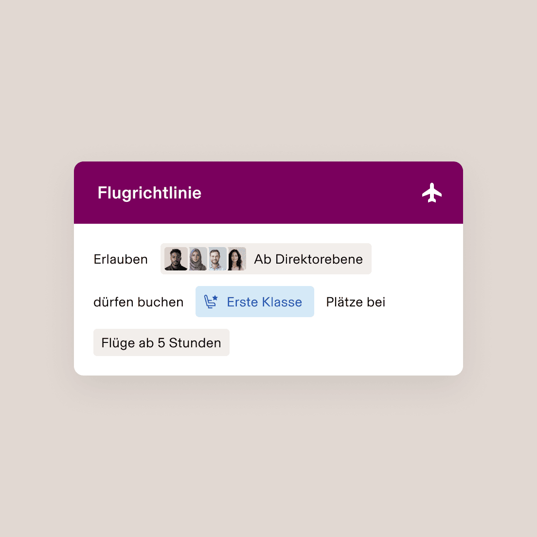 Flight policy interface showing Director Level+ employees can book first class seats on flights 5+ hours long.