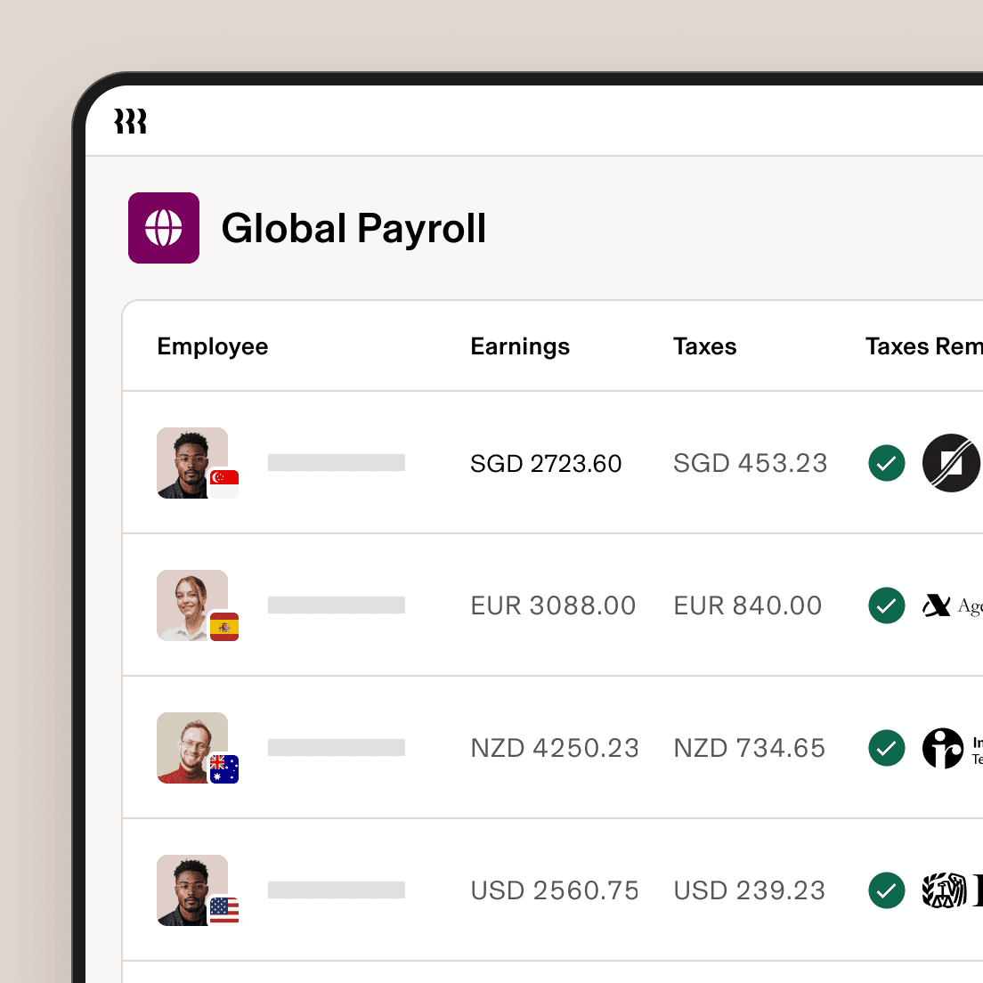Dashboard van internationale salarisadministratie met een overzicht van de inkomsten van medewerkers, belastingen en de status van belastingnaleving voor Singapore, Spanje en Australië.