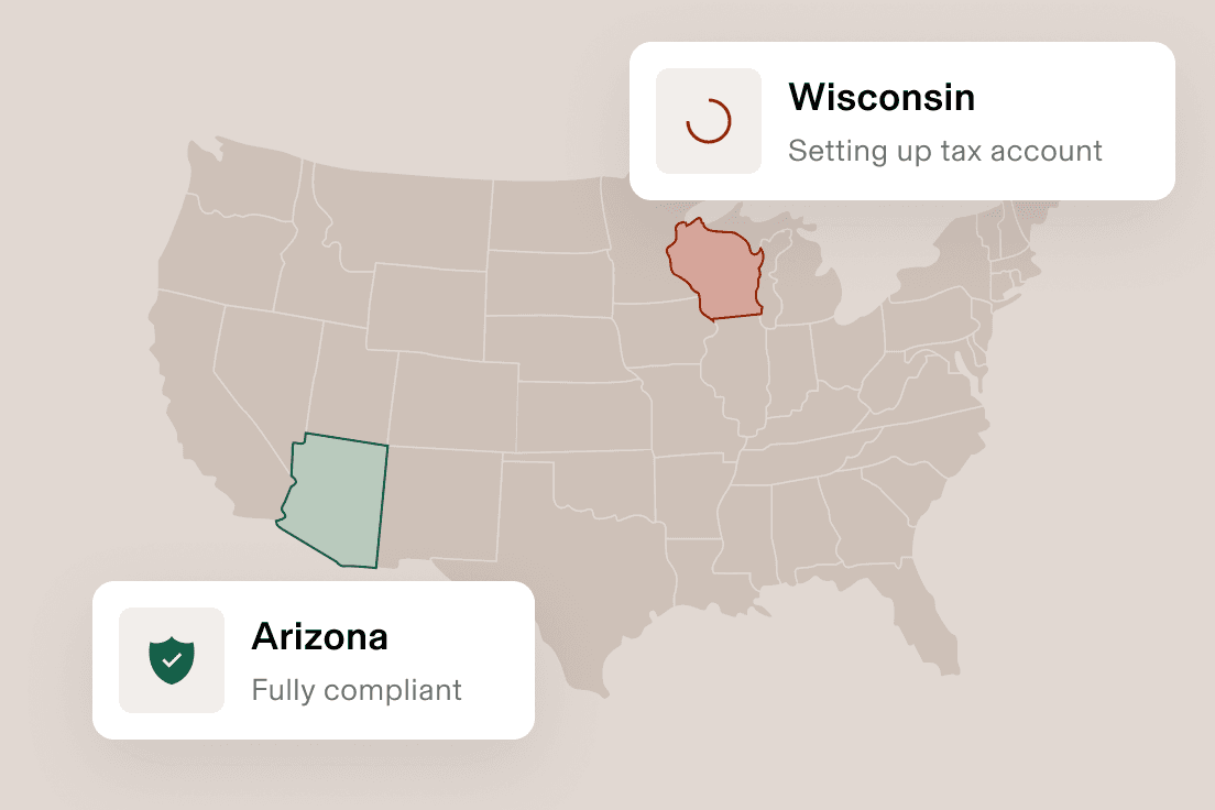 US map highlighting Wisconsin with “Setting up tax account” status and Arizona marked “Fully compliant”