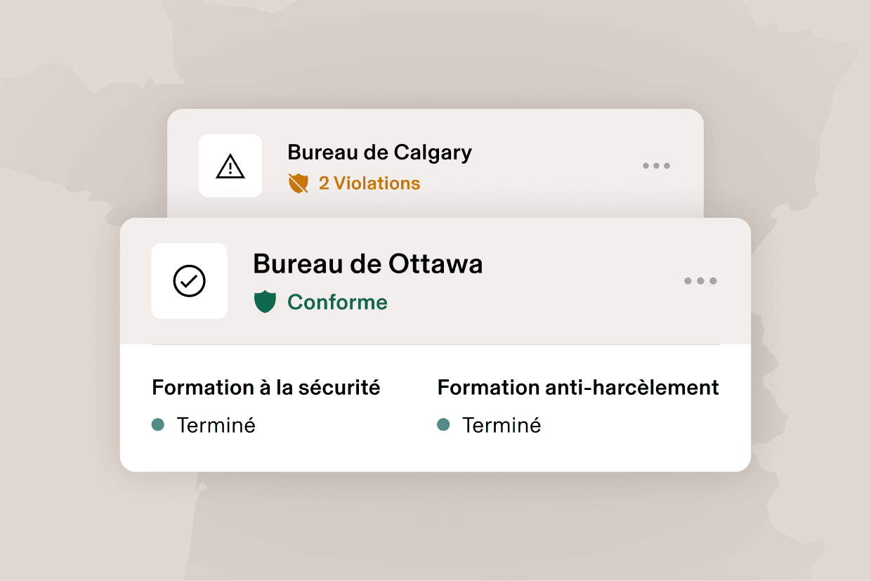 Illustration graphique d’une carte indiquant Orlando, FL avec « 2 violations » et une carte indiquant Los Angeles, CA et « Conforme » pour les formations terminées