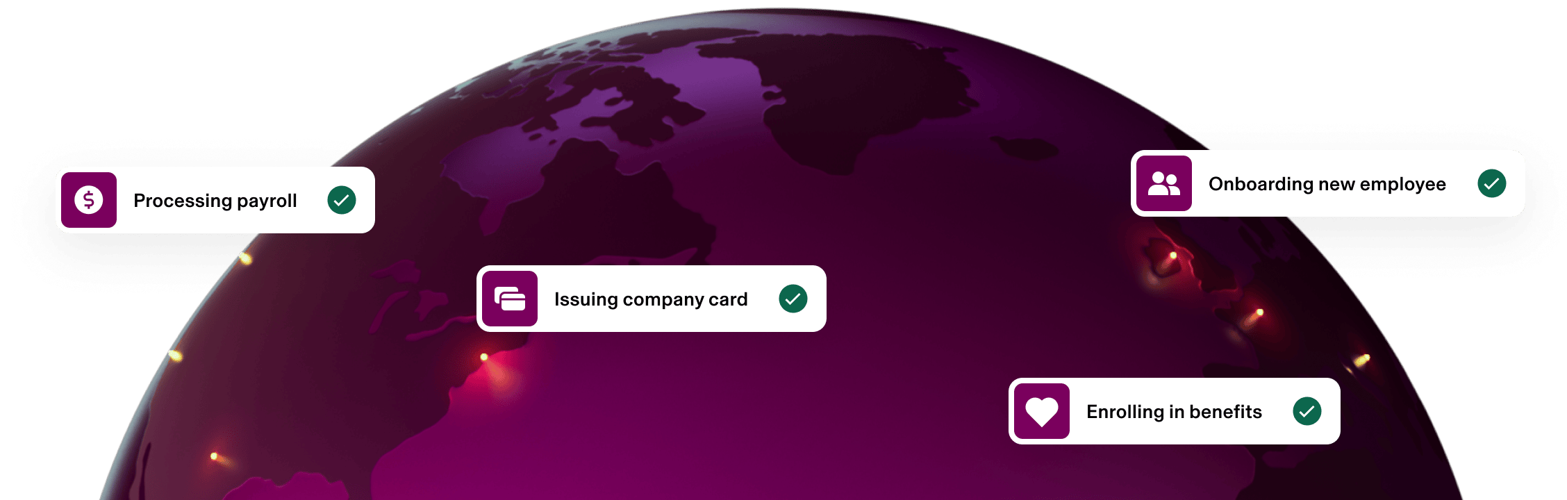 Globe with HR and Payroll process labels including Processing payroll, Issuing company card, Enrolling in benefits and Onboarding new recruit.