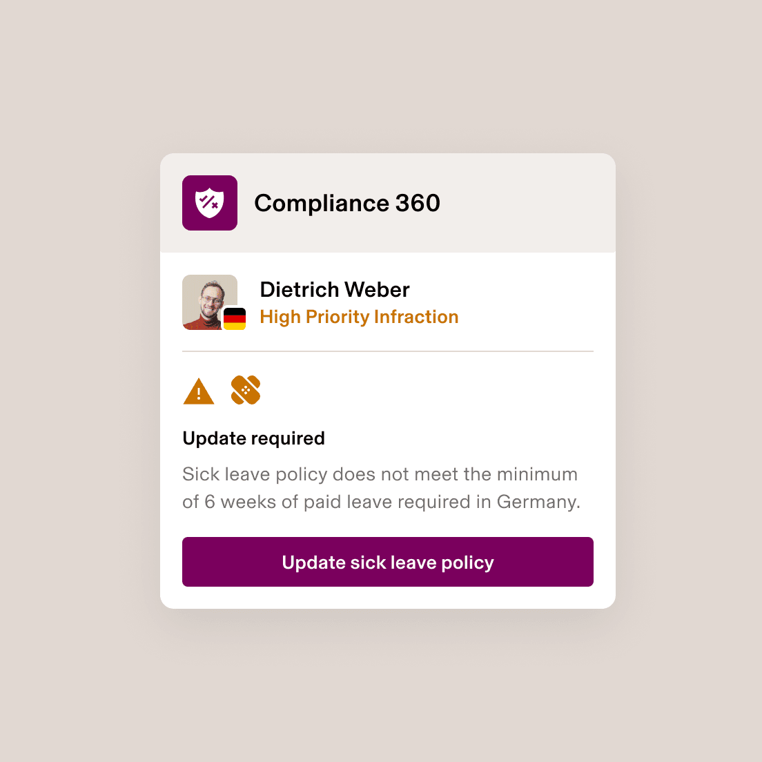 Compliance 360-melding wijst op een ernstige overtreding van het ziekteverlofbeleid in Duitsland die een update vereist.