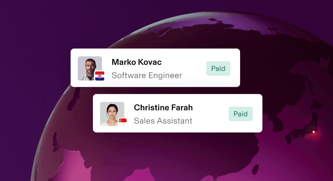 User profile cards showing two paid team members with their job titles and country flags against a burgundy background.