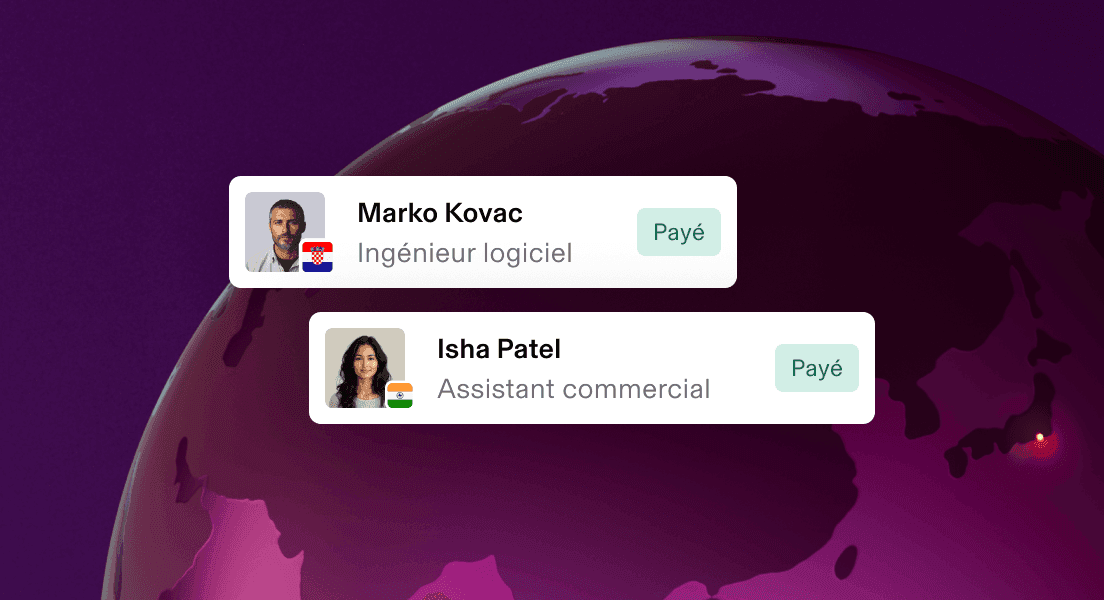 Cartes de profil utilisateur présentant deux membres rémunérés de l’équipe avec le titre de leur poste et les drapeaux de leur pays sur fond bordeaux.