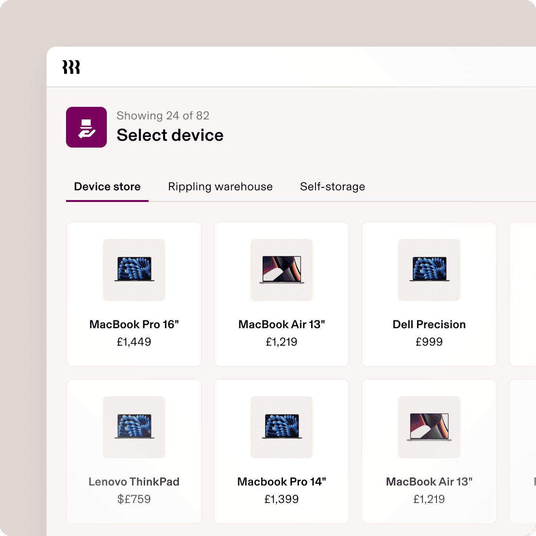 Device selection interface showing laptop options including MacBook Pro, MacBook Air, Dell Precision and Lenovo with prices.
