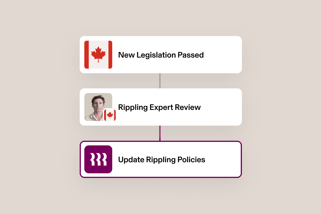 Flowchart showing Canadian legislation process with three connected boxes: New Legislation, Expert Review and Update Policies.