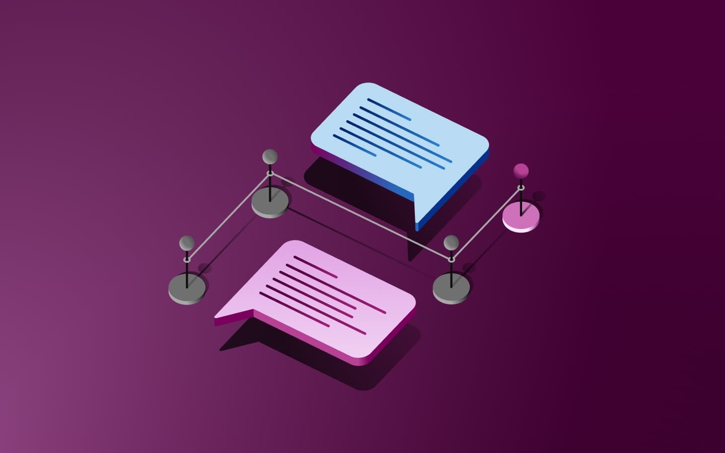Graphic illustration of four signposts connecting two speech bubbles, symbolizing strategic conversation
