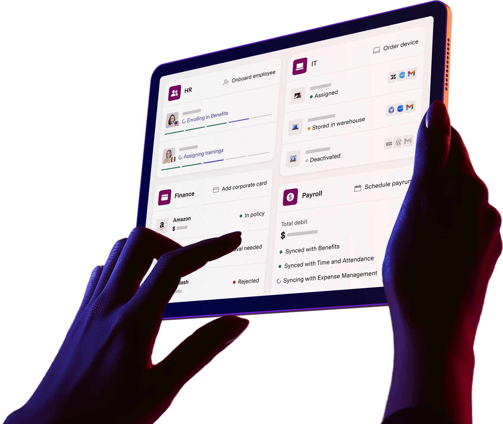 Photograph of a pair of hands holding a tablet displaying a Rippling dashboard with sections for the HR, IT, Finance, and Payroll apps