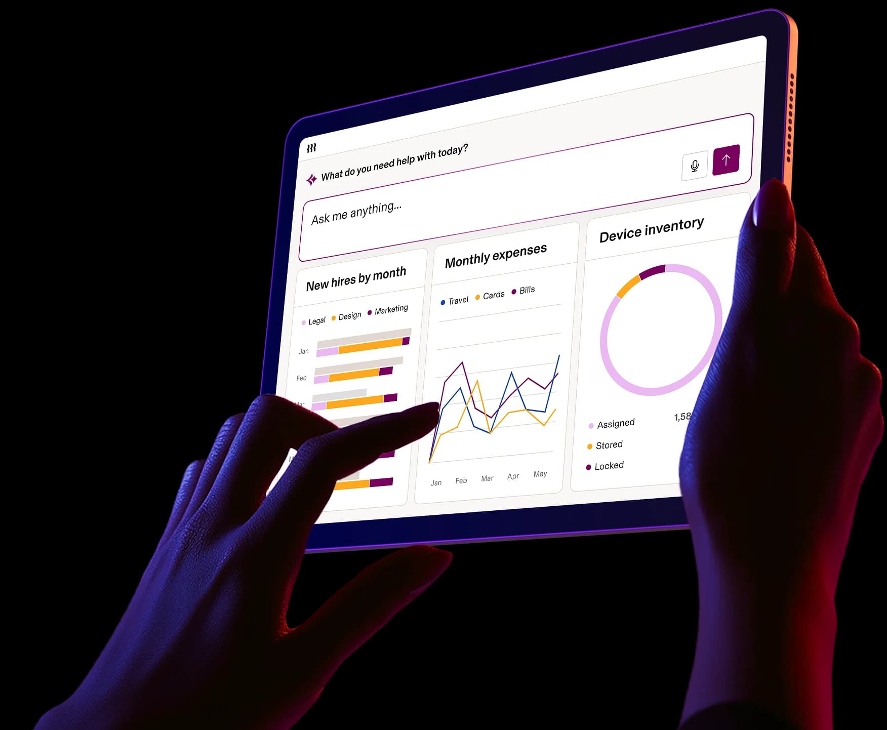Photograph of a pair of hands holding a tablet displaying a Rippling dashboard with sections for the HR, IT, Finance, and Payroll apps